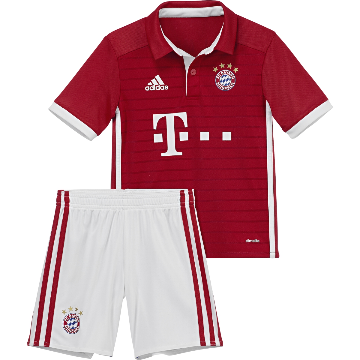 Форма Баварии для детей с шортами. Мини футбольная форма. Bayern Kit. Форма Баварии с чёрными полосками на плечах.